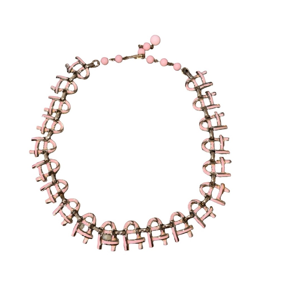 Vintage 1950s Coro Pink Enamel Gold Tone Basket Weave Necklace 16” adjustable - Picture 5 of 9